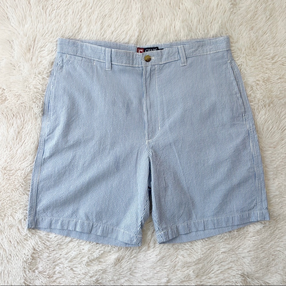 Chaps blue and white striped cotton seersucker flat front shorts Sz 36